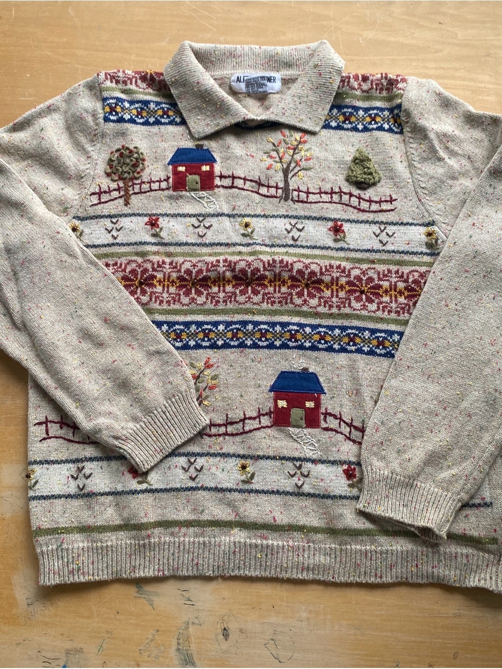 Vintage Cotton Country Scene Collared Sweater